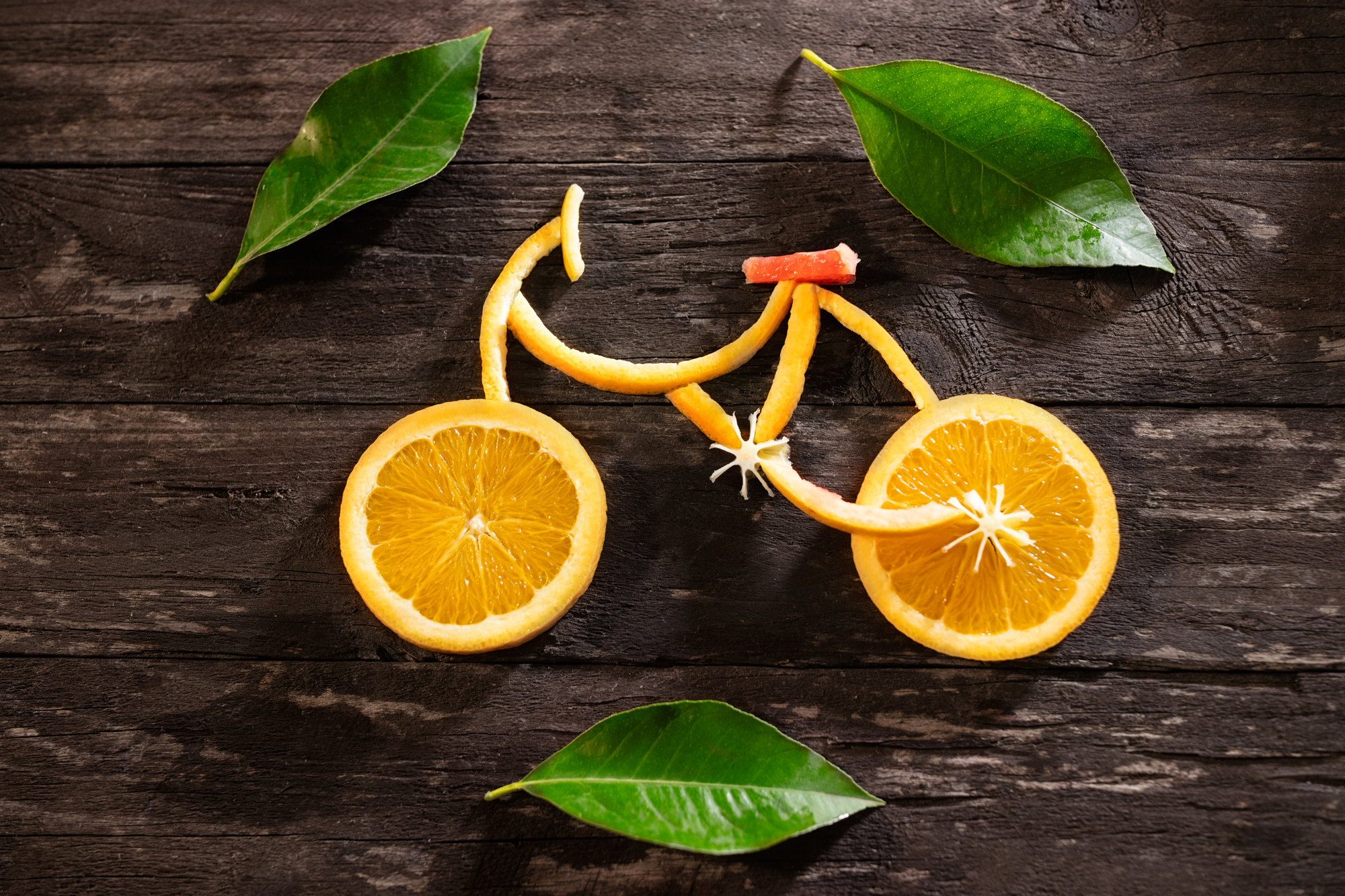 Healthy food concept of bicycle in detail made of fresh fruits
