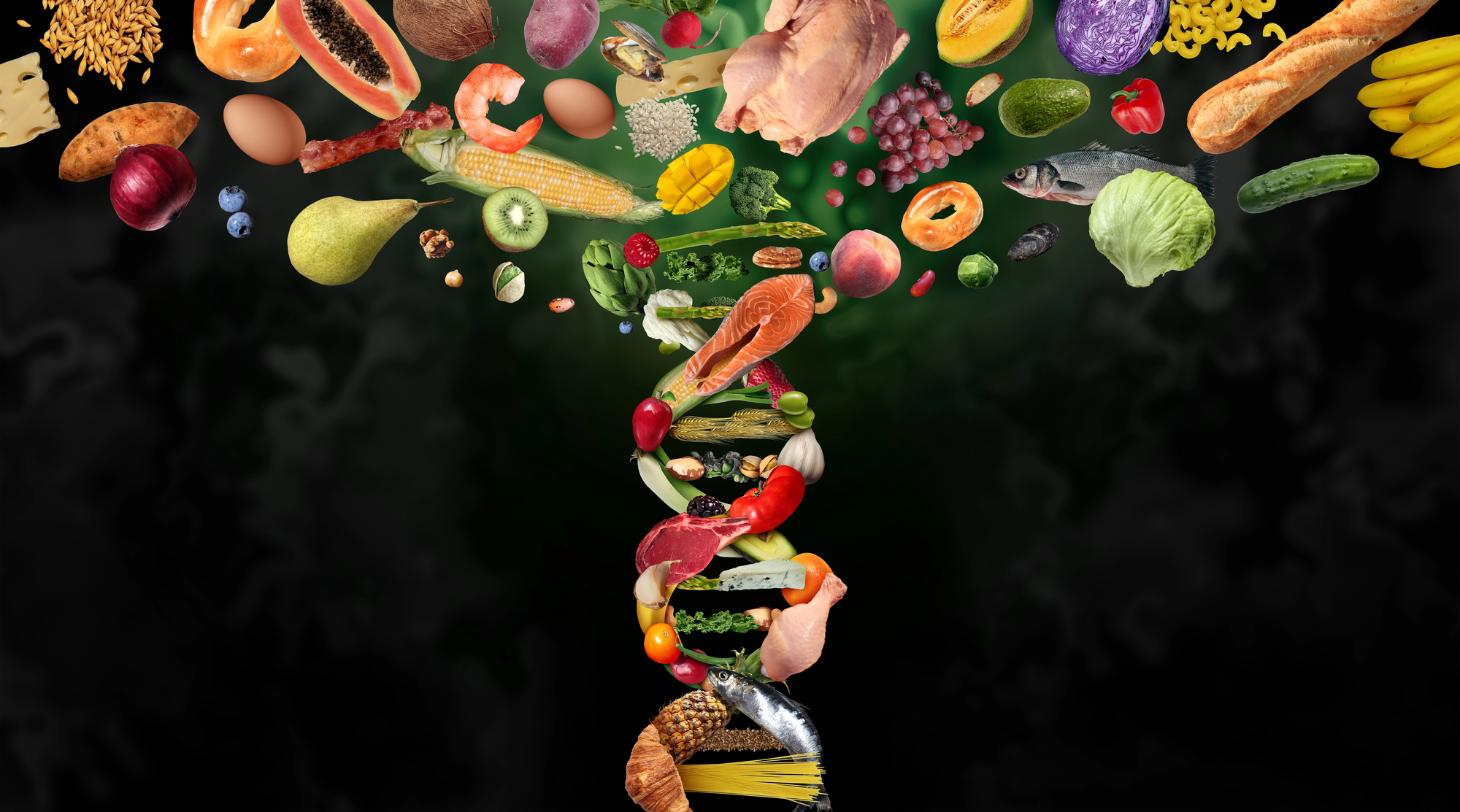 Concept photo of DNA made up of food 