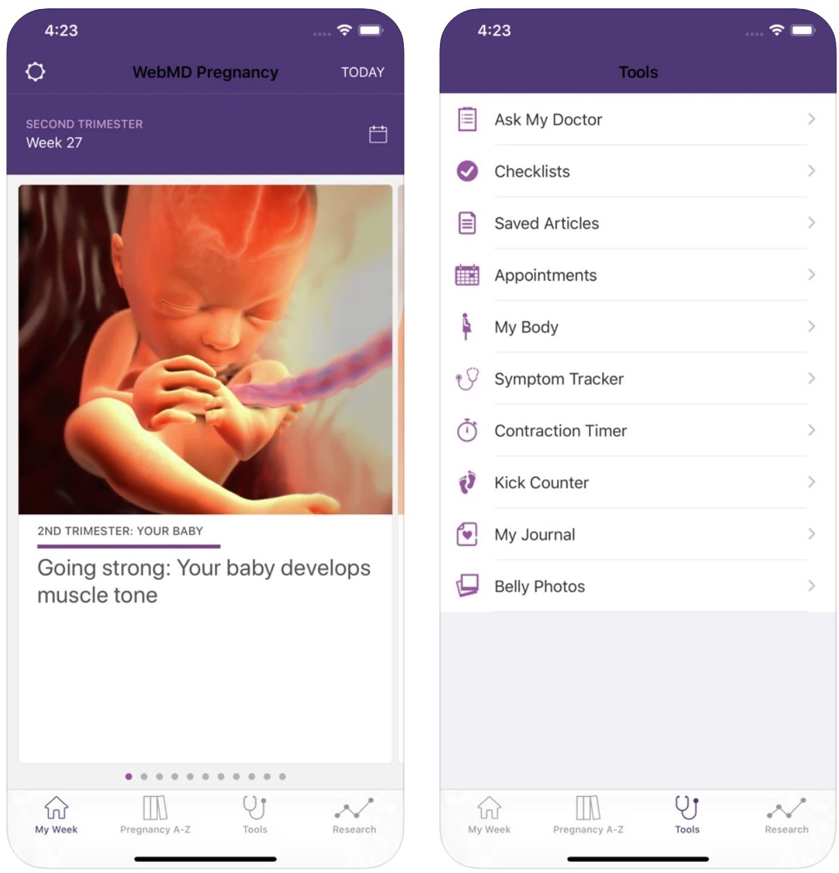 WebMD pregnancy app screenshots