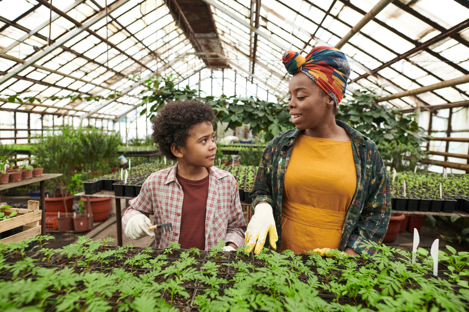 mother and son in a greenhouse with plants