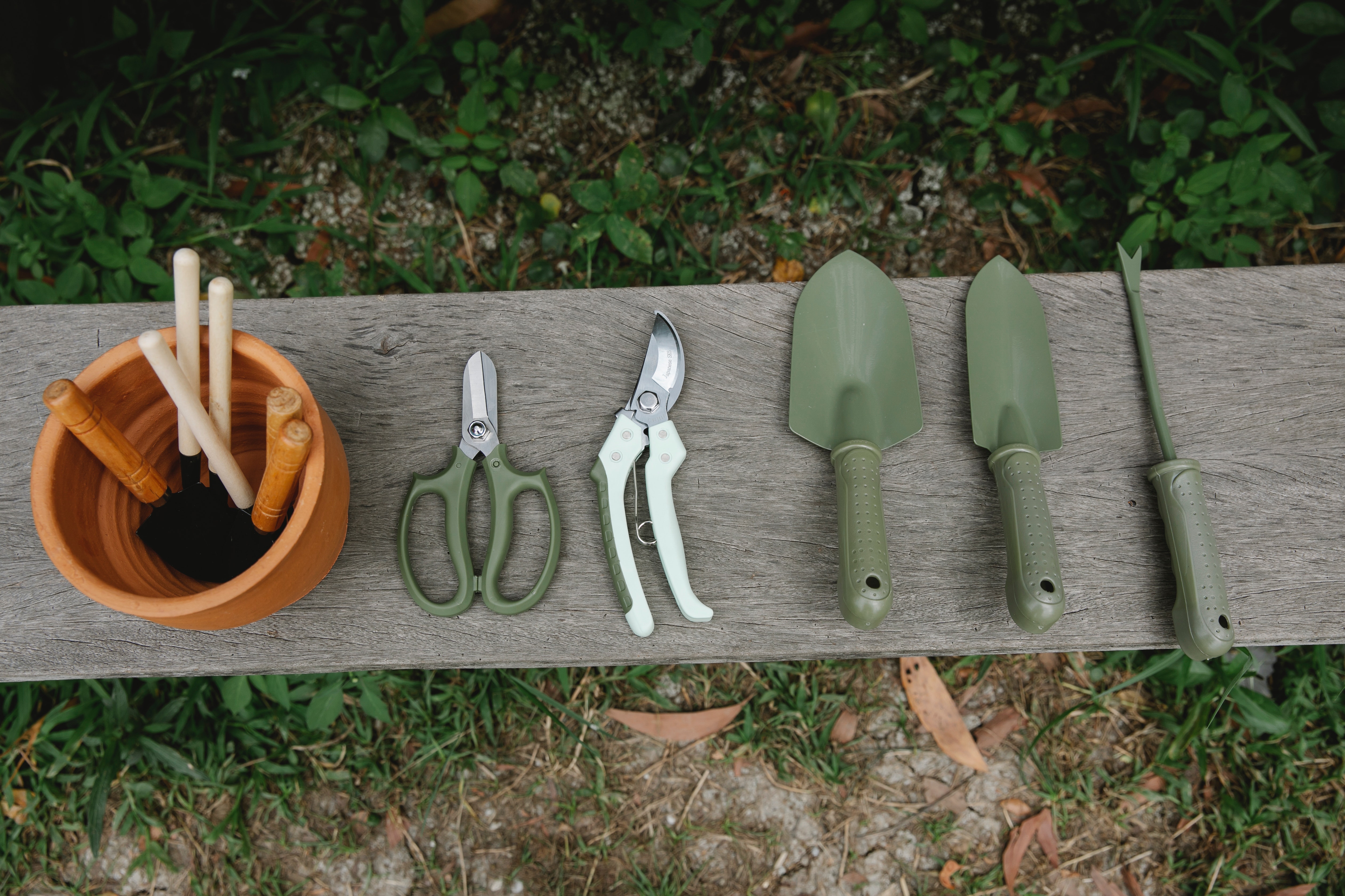 Gardening tools on a bench outdoors