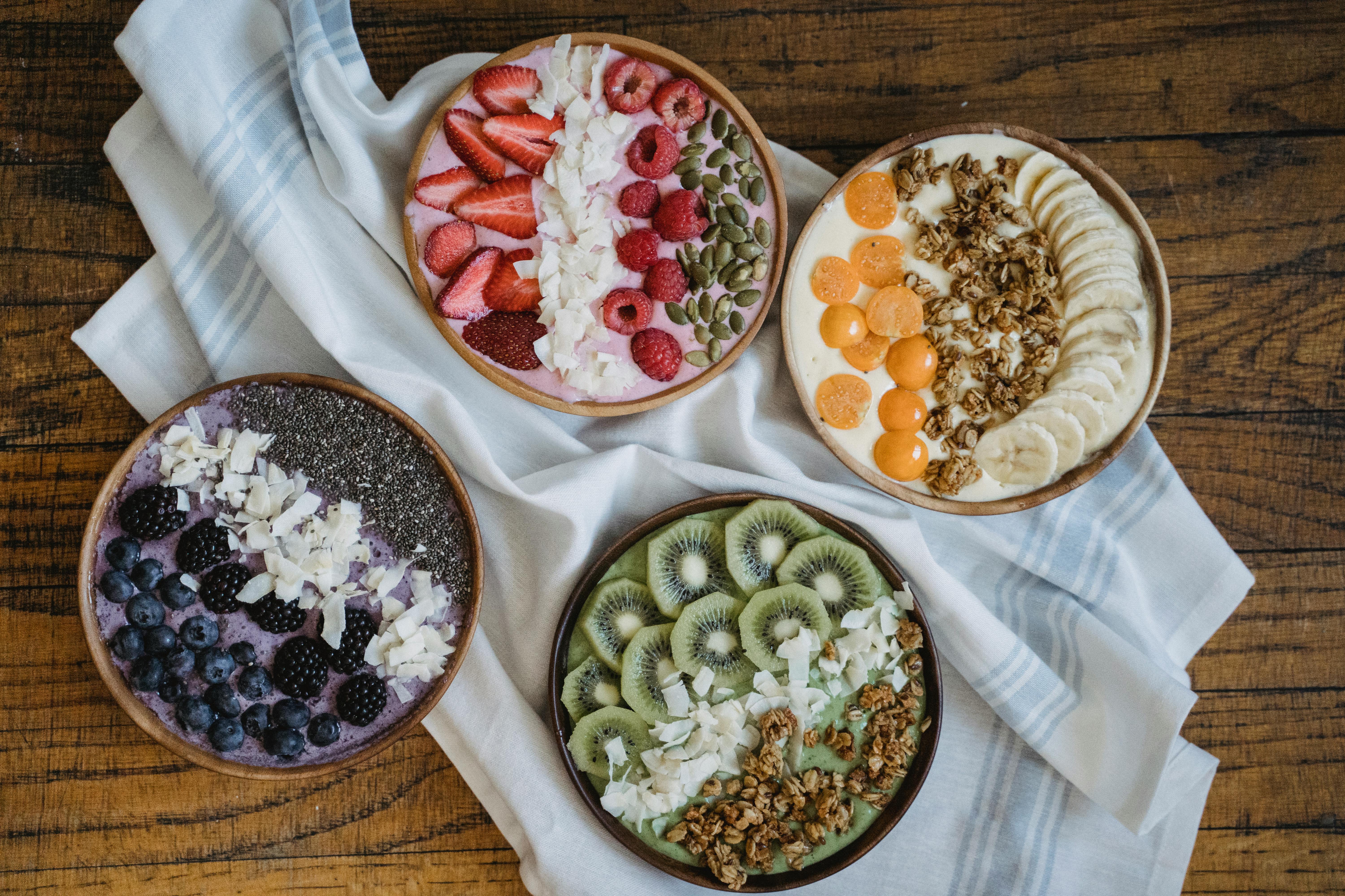 healthy breakfast bowls with fresh fruits and nuts