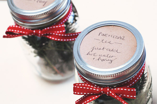 pine and cedar tea in a decorated jar