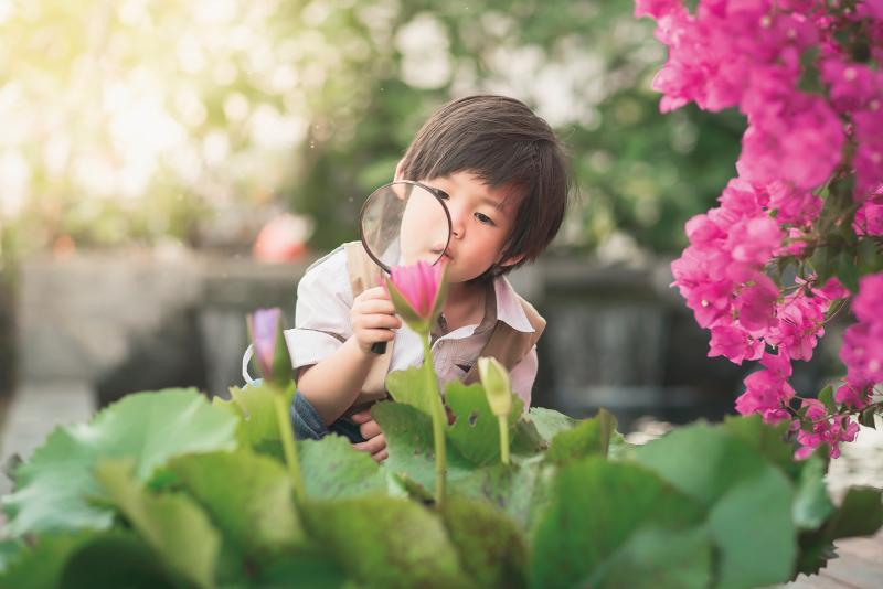 Backyard Nature Activities To Do At Home: young child looking at plants with magnifying glass