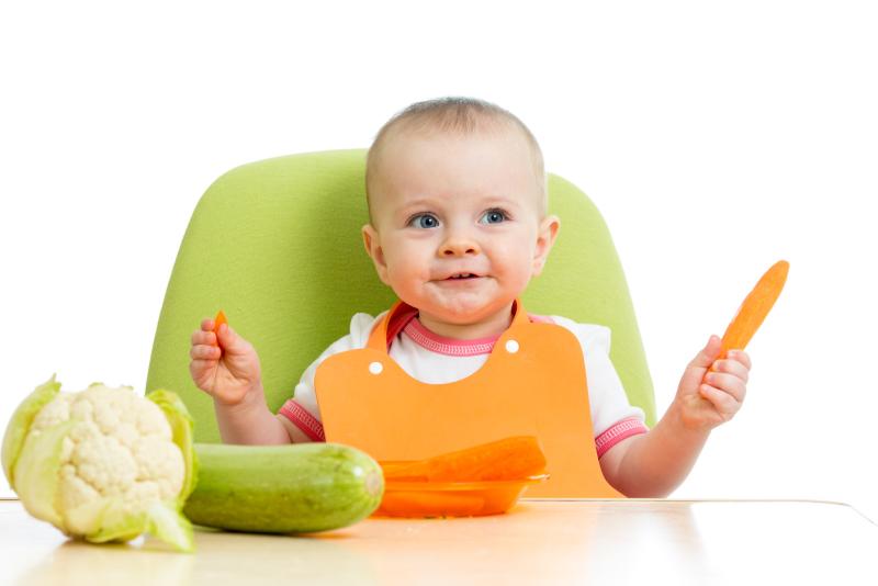 Top 10 Food Choking Hazards for Toddlers: baby in green highchair with raw vegetables on table