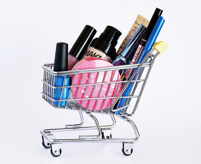 Ingredients in Skincare for Everyone to Avoid: various cosmetics in a tiny cart