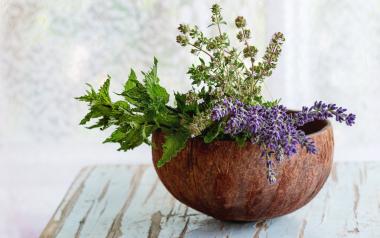 Herb spiral: Herbs in a wooden pot