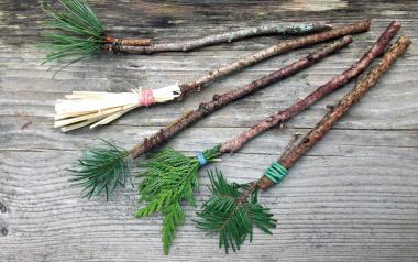 five paint brushes made from natural sticks and leaf materials