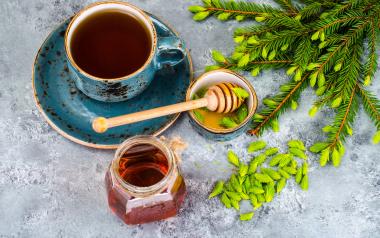 spruce tips with a cup of tea and honey