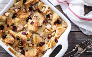 cranberry pear goat cheese bread pudding