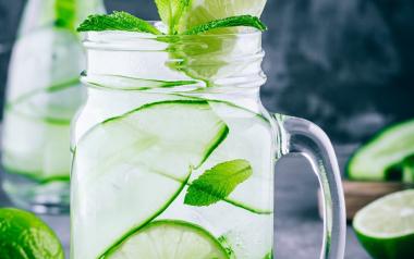 A clear mug filled with a healthy, virgin mojito and garnished with mint and cucumber.