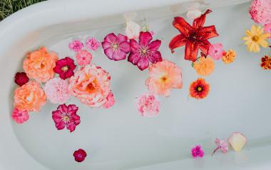 A filled bathtub with flowers 