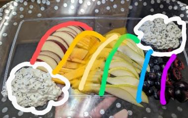 A colourful fruit plate outlined in rainbow colors