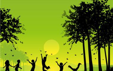numerous children in silhouette jumping, running and doing cartwheels outside against a bright green background