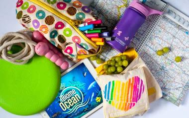 assortment of items to take on a road trip with kids