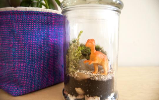 a dinosaur toy in a glass jar terrarium