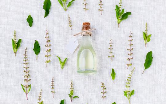 herbs surrounding a bottle of essential oil