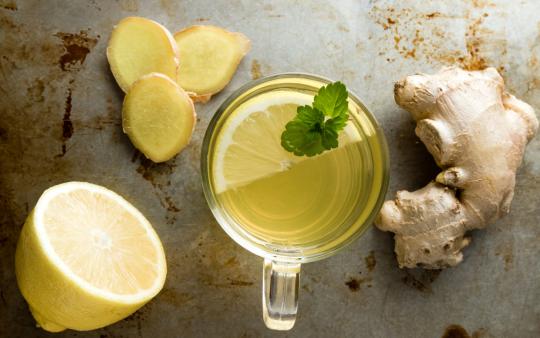 ginger tea, lemons, fresh ginger root