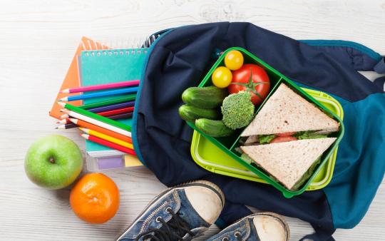 school lunch sitting on a backpack with school supplies spilling out