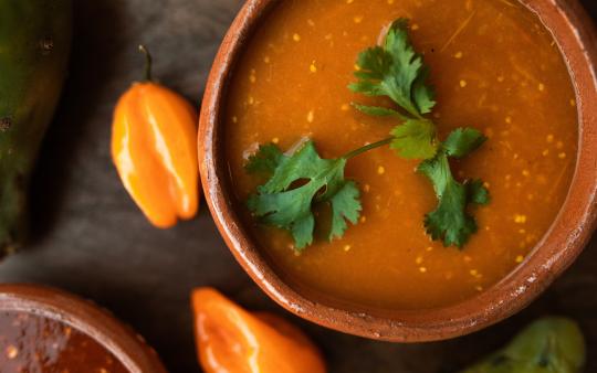 a bowl of soup with parsley on top next to two peppers