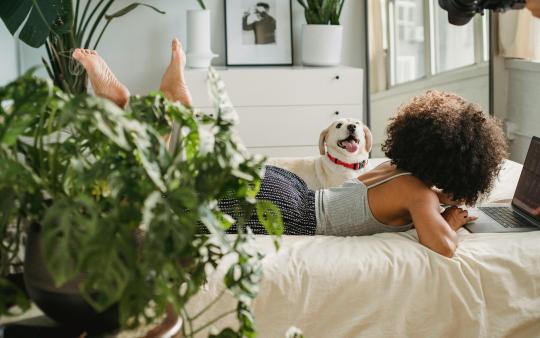 A woman lounges on a bed surrounded by natural elements like plants