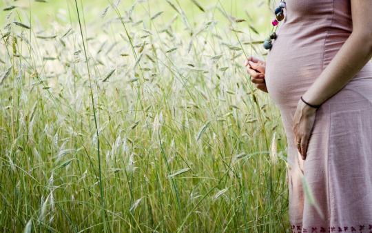 Techniques to manage labour pain: Pregnant woman standing in field of grass