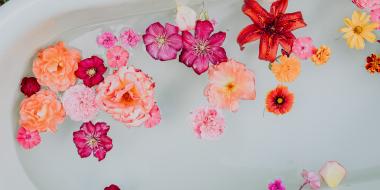 A filled bathtub with flowers 